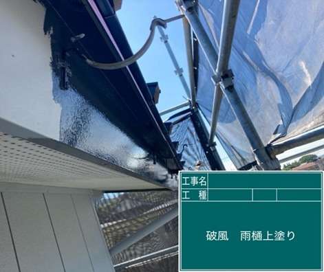 破風雨樋塗装工事　上塗りです